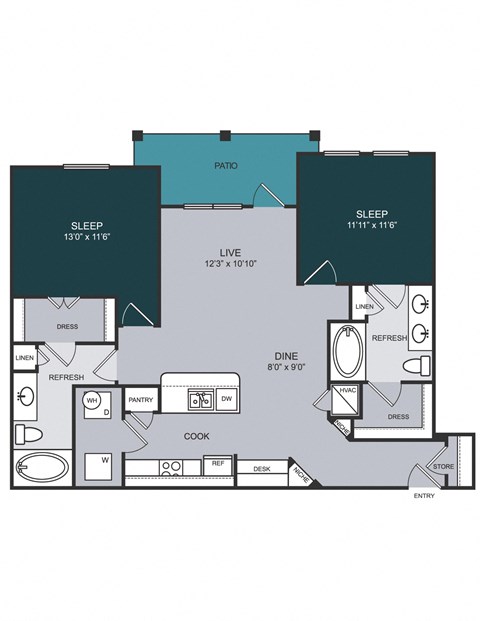 Floor plan for 2 beds, 2 baths, 1117 sqft
